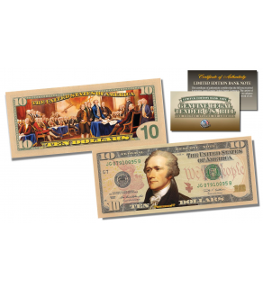 2-Sided Colorized Genuine Legal Tender U.S. $10 Ten-Dollar Bill - Declaration of Independence Reverse