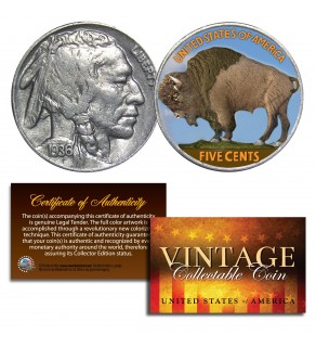 1930's 5 Cent Original Indian Head Buffalo Nickel Full Date - COLORIZED 