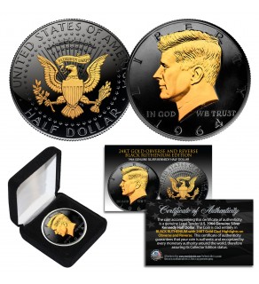 1964 BU Genuine Silver Kennedy Half Dollar U.S. Coin 2-Sided BLACK RUTHENIUM & 24K GOLD Highlights with Box