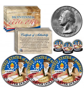 1976 Bicentennial Washington U.S. Quarter Colorized Colonial Drummer Genuine U.S. Coin (Quantity 3)