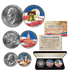 1976 Bicentennial COLORIZED Patriotic Genuine U.S. Coin Set JFK Half Dollar / IKE Dollar / Quarter Dollar 3-Coin Collection with Display Box