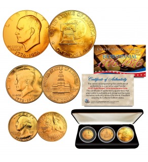 1976 Bicentennial 24K GOLD Plated Genuine U.S. Coin Set JFK Half Dollar / IKE Dollar / Quarter Dollar 3-Coin Collection with Display Box