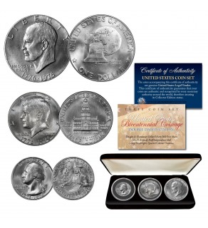 1976 Bicentennial Genuine U.S. Coin Set JFK Half Dollar / IKE Dollar / Quarter Dollar 3-Coin Collection with Display Box