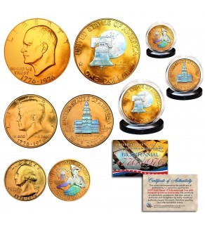 1976 Bicentennial Genuine 24K Gold Plated & Prism Hologram U.S. Coin Set JFK Half Dollar / IKE Dollar / Quarter Dollar 3-Coin Collection 