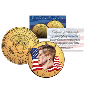 Colorized - FLOWING FLAG - 2016 JFK Kennedy Half Dollar US Coin (D Mint) - 24K Gold Plated