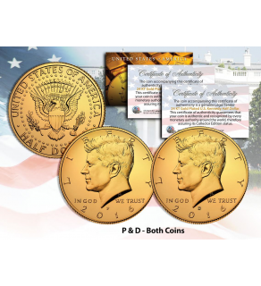 24K GOLD PLATED 2016 JFK Kennedy Half Dollar US 2-Coin Set - P&D MINT - with Capsules