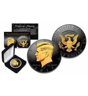 Black RUTHENIUM 2-SIDED 2017 Kennedy Half Dollar U.S. Coin with 24K Gold Clad JFK Portrait on Obverse & Reverse (P Mint) in Deluxe Display Felt Box