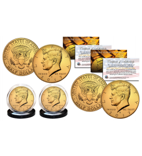 24K GOLD PLATED 2017 JFK Kennedy Half Dollar U.S. 2-Coin Set - Both P & D MINT - with Capsules and COA