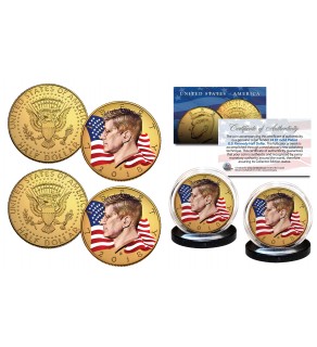 Colorized FLOWING FLAG 2022 JFK Kennedy Half Dollar 24K Gold Plated 2-Coin Set (P & D Mint) 
