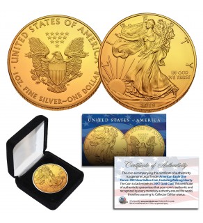  2019 Genuine 1 oz .999 Fine Silver American Eagle U.S. Coin * Full 24KT Gold Plated * with Deluxe Felt Display Box