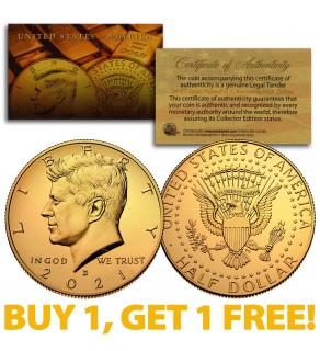 24K GOLD PLATED 2021-D JFK Kennedy Half Dollar Coin with Capsule (Denver Mint) BUY 1 GET 1 FREE 