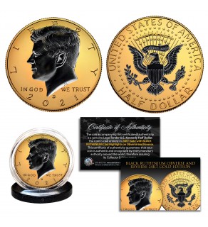 24K GOLD Gilded 2-SIDED 2021 JFK Kennedy Half Dollar U.S. Coin with BLACK RUTHENIUM Highlights on Obverse & Reverse (D Mint)