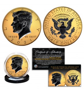 24K GOLD Gilded 2-SIDED 2021 JFK Kennedy Half Dollar U.S. Coin with BLACK RUTHENIUM Highlights on Obverse & Reverse (P Mint)