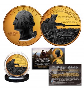 2021 WASHINGTON CROSSING DELAWARE 24K GOLD Plated 2-Sided Quarter with Black RUTHENIUM Highlights Obverse & Reverse