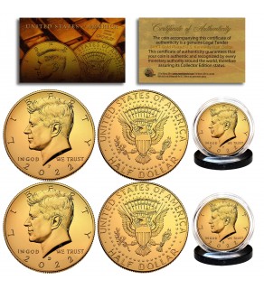 24K GOLD PLATED 2022 JFK Kennedy Half Dollar U.S. 2-Coin Set - Both P & D MINT - with Capsules and COA