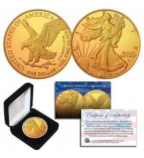 2024 Genuine 24K GOLD Plated 1 OZ .999 Fine Silver BU American Eagle U.S. Coin - TYPE 2 with Display Box