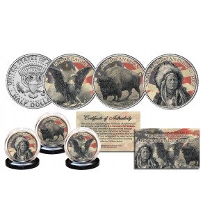 United States HISTORICAL SYMBOLS Genuine U.S. JFK Kennedy Half Dollar 3-Coin Set - Black Eagle / Buffalo Bison / Indian Chief