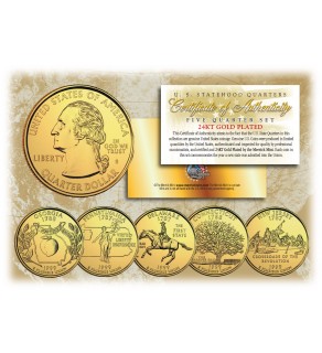 1999 US Statehood Quarters 24K GOLD PLATED - 5-Coin Complete Set - with Capsules & COA