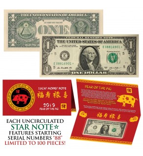 STAR NOTE 2019 CNY Year of the PIG Lucky Money U.S. $1 Bill w/ Red Folder S/N 88