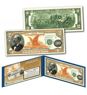 1882 Series James Garfield $20 Gold Certificate designed on a New Modern Genuine U.S. $2 Bill