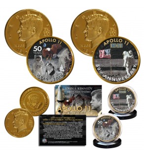 Apollo 11 1st Man on Moon 50th Anniversary John F. Kennedy Centennial 24K Gold Plated 2-Coin Set