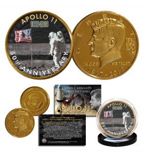 Apollo 11 1st Man on Moon 50th Anniversary John F. Kennedy Centennial 24K Gold Plated Coin - Aldrin Saluting Flag