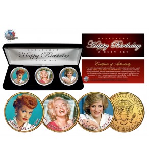 Happy Birthday MARILYN MONROE Lucille Ball PRINCESS DIANA Colorized 2011 JFK Half Dollars 3-Coin Set 24KT Gold Plated w/Box
