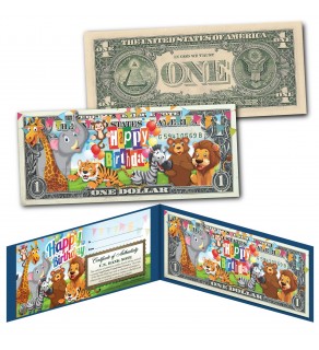 HAPPY BIRTHDAY Zoo Animals Youth Colorized $1 Bill U.S. Genuine Legal Tender with Display Folio