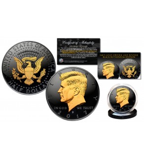 Black RUTHENIUM 2-SIDED 2017 Kennedy Half Dollar U.S. Coin with 24K Gold Clad JFK Portrait on Obverse & Reverse (D Mint) in Deluxe Display Felt Box