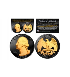 Black RUTHENIUM 2-Sided 1964 US Genuine Silver Quarter Coin with Genuine 24KT Gold 2-Sided Clad Highlights 