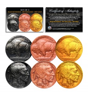 1930’s Vintage Original Buffalo Indian Head Nickel Coins SET of 3 Rare Metal Versions (24KT Gold, Rose Gold, Black Ruthenium) 