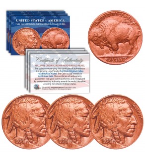 Lot of 3 Various Full Date BUFFALO NICKELS US Coins - Genuine ROSE GOLD plated - Indian Head Nickels