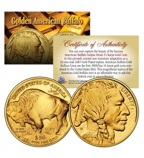 24K Gold Plated 2021 AMERICAN GOLD BUFFALO Indian Coin