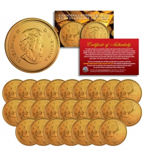 2005 Canadian Caribou Quarter Queen Elizabeth II Uncirculated Coins 24K GOLD PLATED (Quantity 25)