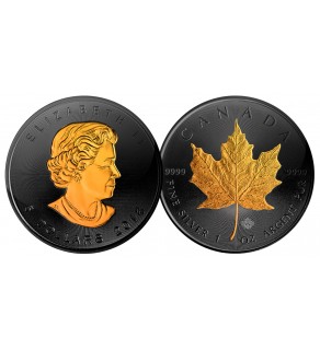 2016 BLACK RUTHENIUM & 24K GOLD .9999 Genuine Silver 1 oz CANADA MAPLE LEAF BU