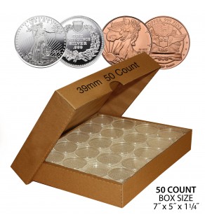 1oz SILVER or COPPER ROUNDS Direct-Fit Airtight 39mm Coin Capsule Holders (QTY: 50) **COMES PACKAGED WITH BOX AS SHOWN** 