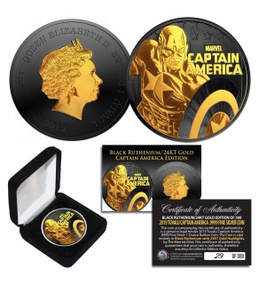 2019 1 oz  Silver Tuvalu Pure Silver Marvel CAPTAIN AMERICA BU Coin BLACK RUTHENIUM with 24KT Gold Clad 2-Sided Limited of 300