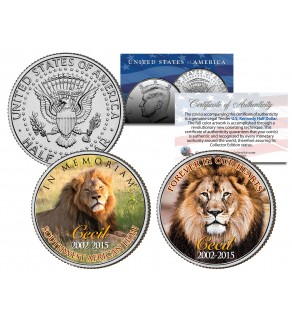 Cecil Famous African Lion 2015 JFK Kennedy Colorized Half Dollar U.S. 2-Coin Set - In Memoriam & Forever in Our Hearts