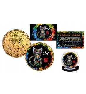Chinese Zodiac PolyChrome Genuine Legal Tender JFK Kennedy Half Dollar 24K Gold Plated U.S. Coin - CAT
