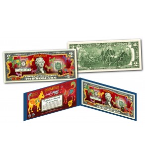 2018 Chinese New Year * YEAR OF THE DOG * POLYCHROMATIC 8 COLORIZED DOG’S Genuine Legal Tender U.S. $2 BILL - $2 Lucky Money with Blue Folio