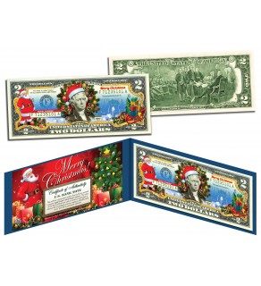MERRY CHRISTMAS Keepsake Gift Colorized $2 Bill U.S. Legal Tender - SANTA & SLEIGH