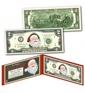 THE ORIGINAL SANTA BUCKS Santa Claus Christmas Keepsake Stocking Stuffer $2 Bill U.S. Legal Tender Currency in Red XMAS Display