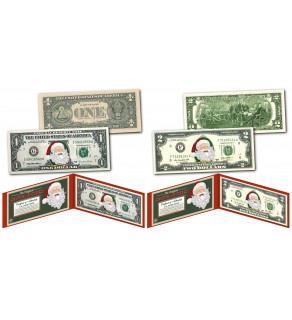 THE ORIGINAL SANTA BUCKS Santa Claus Christmas Keepsake Stocking Stuffer U.S. $1 & $2 Bill Set Legal Tender Currency in Red XMAS Displays