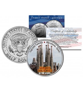 SAGRADA FAMILIA - Famous Churches - Colorized JFK Half Dollar U.S. Coin Barcelona Spain