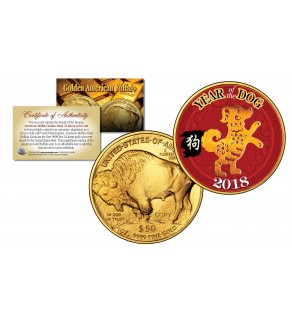 2018 Chinese New Year * YEAR OF THE DOG * 24 Karat Gold Plated $50 American Gold Buffalo Indian Tribute Coin