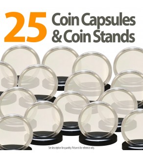 25 Coin Capsules & 25 Coin Stands for MORGAN / PEACE / IKE DOLLARS - Direct Fit Airtight 38mm Holders