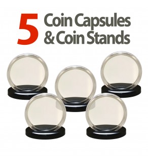 5 Coin Capsules & 5 Coin Stands for MORGAN / PEACE / IKE DOLLARS - Direct Fit Airtight 38mm Holders