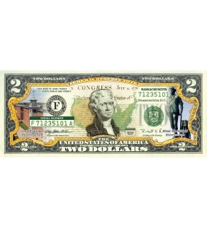 MASSACHUSETTS State/Park COLORIZED Legal Tender U.S. $2 Bill with Security Features