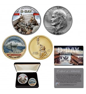 WWII D-DAY Normandy Invasion 80th ANNIVERSARY 1944-2024 IKE Dollar & Higgins Boat $1 Dollar U.S. 2-Coin Set & Trading Card with Display Box