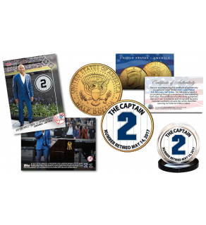 DEREK JETER Retirement Issue - TOPPS NOW Retired #2 Trading Card with EXCLUSIVE #2 Yankees Pinstripe Captain 24K Gold Plated JFK Half Dollar U.S. Coin 